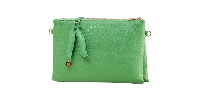 Green leather Deadly Ponies pouch with gold zipper and small logo charm.