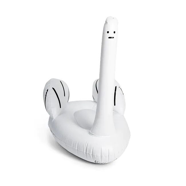 Inflatable bean bag shaped like an animal with long neck and simple face.