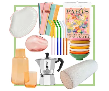 Collage of colorful home items: cups, straws, a kettle, plates, napkins, pillow, vase, and a Paris-themed calendar.