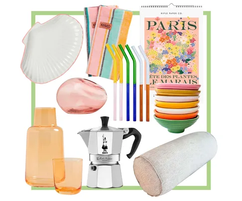 Collage of colorful home items: cups, straws, a kettle, plates, napkins, pillow, vase, and a Paris-themed calendar.