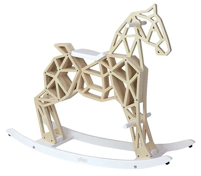 Geometric wooden rocking horse with white base from Vilac.