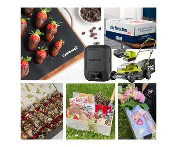 Collage of gift ideas: chocolate strawberries, meat box, GPS tracker, lawn mower, floral gift basket, floral bouquet.
