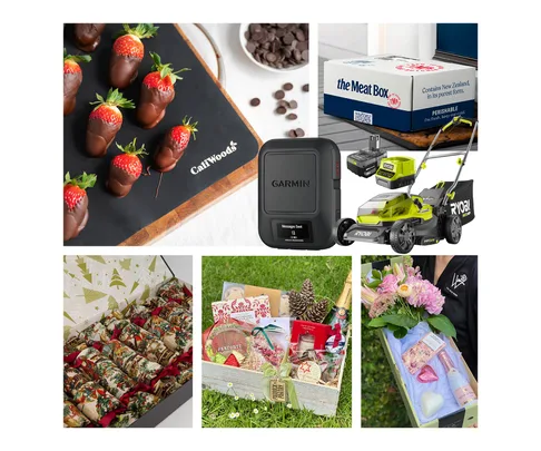 Collage of gift ideas: chocolate strawberries, meat box, GPS tracker, lawn mower, floral gift basket, floral bouquet.