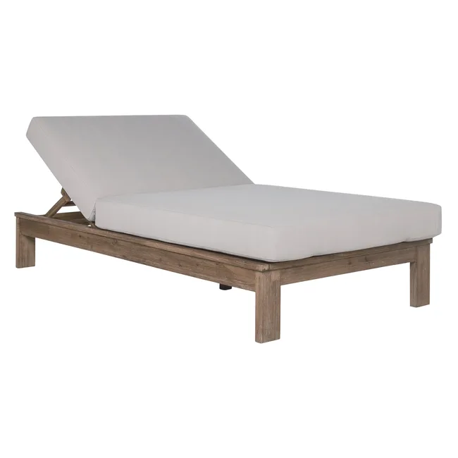 Wooden outdoor lounge chair with an adjustable grey cushion backrest.