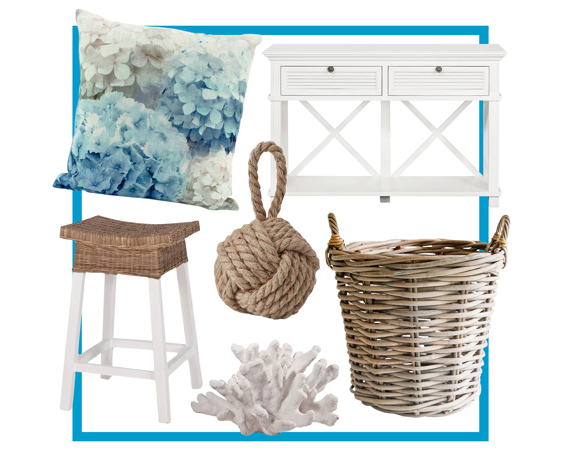 Coastal decor items: blue floral pillow, wicker stool, rope knot, white sideboard, woven basket, coral decor.