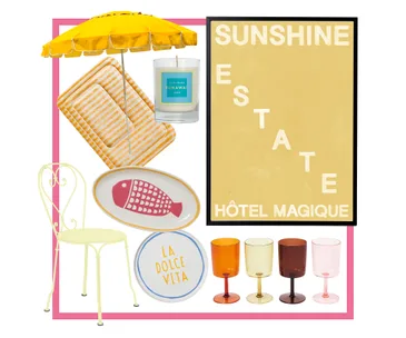 Collage of summer-themed items: yellow umbrella, chair, poster, tray, candle, and colorful glassware.