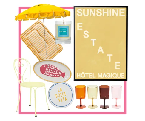 Collage of summer-themed items: yellow umbrella, chair, poster, tray, candle, and colorful glassware.