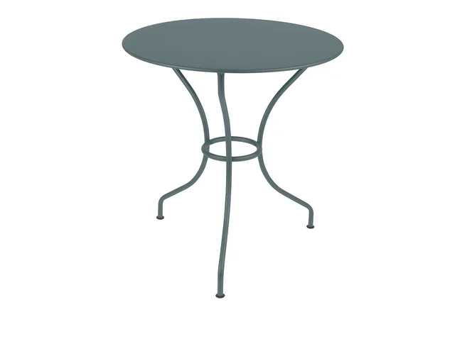 Round, metal bistro table with a gray finish and slender, curved legs.