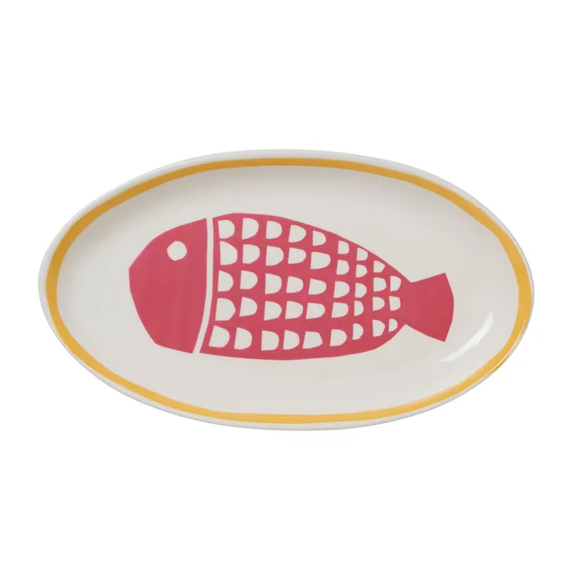 Oval plate with a red fish design and a yellow rim.