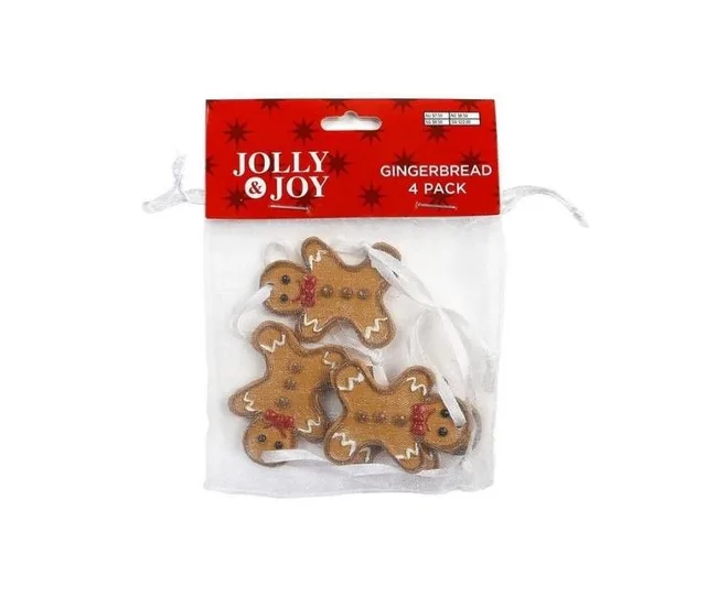 Jolly & Joy gingerbread decorations in a 4-pack, featuring brown figures with red buttons and white details.