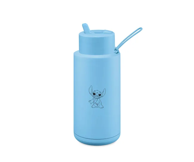 blue decor drink bottle with the cartoon character Stitch on the side