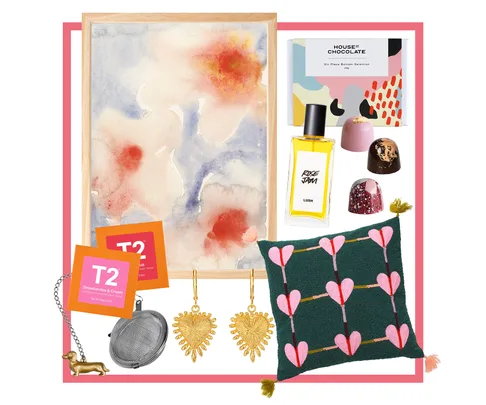 Collage of watercolor art, chocolates, cushion, perfume, earrings, and tea with infuser.