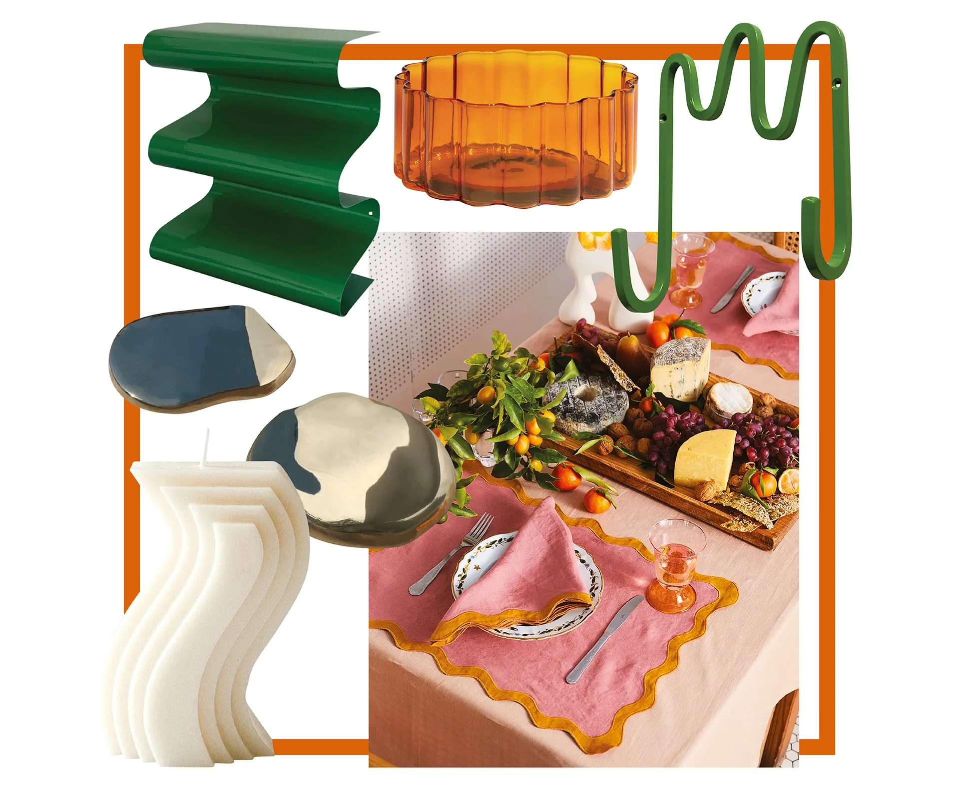 Colorful table setting with fruits, cheese, pink napkins, decorative items, green and orange accents.