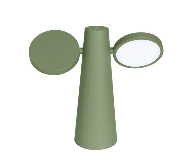 Green modern LED table lamp with two adjustable round lights on a cone-shaped base.