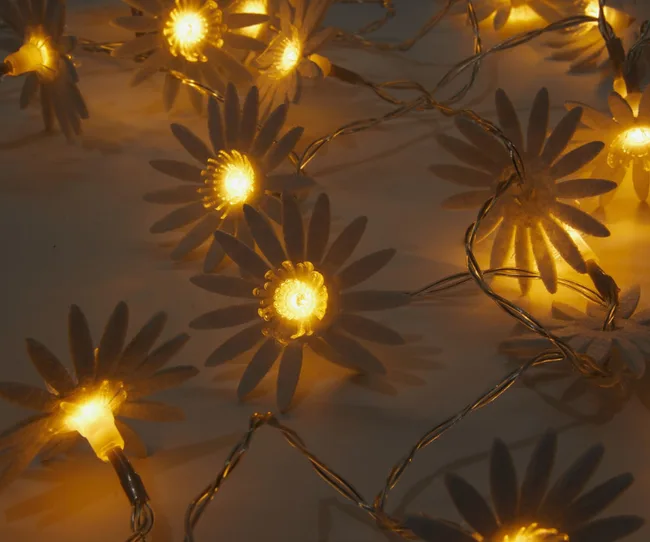 String lights shaped like white flowers with glowing warm yellow centers.