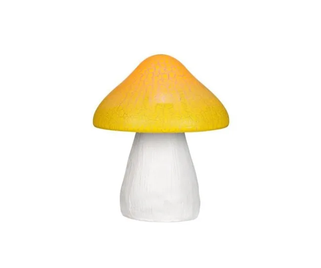 Yellow-topped mushroom ornament with white stem on a plain white background.