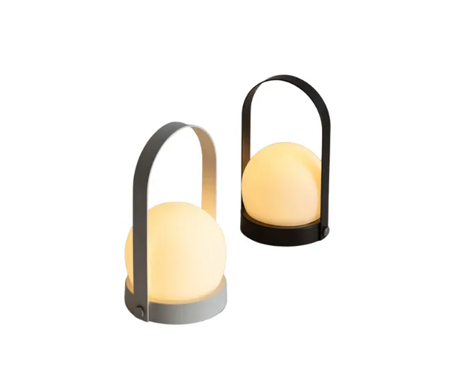 Two modern portable lanterns with spherical lights and curved handles, one in gray and one in black.