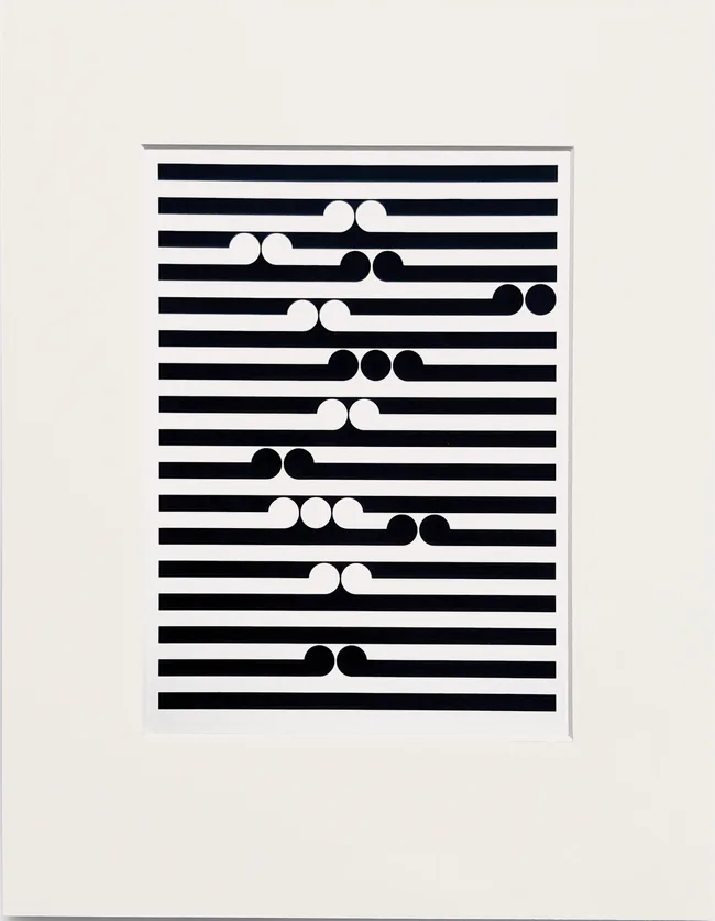 Black and white optical art with horizontal lines and circle patterns creating a sense of movement and depth.