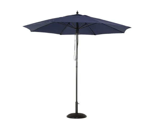 Blue patio umbrella with a black pole and base, fully opened against a white background.