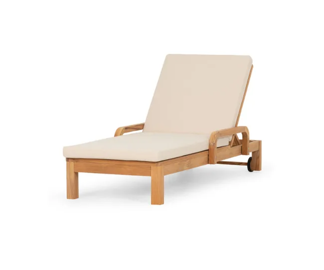 Teak outdoor chaise lounge with beige cushion and adjustable backrest.