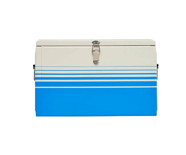 A retro-style Coleman cooler with blue and white stripes and a metal latch on the front.