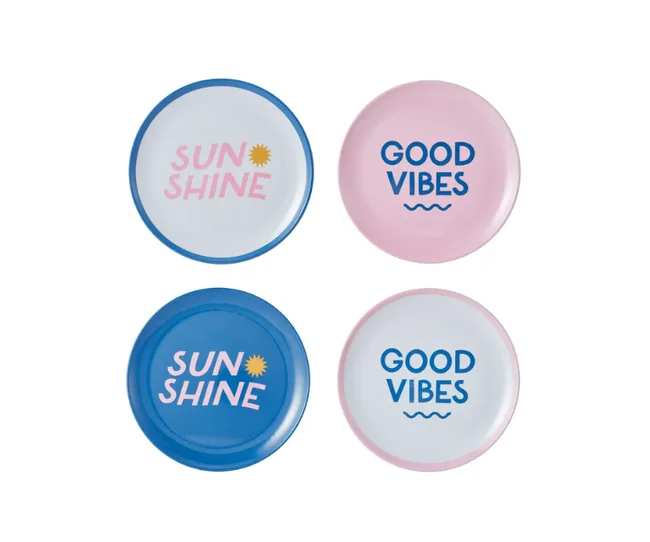 Four frisbees with "Sunshine" and "Good Vibes" text in blue and pink colors.