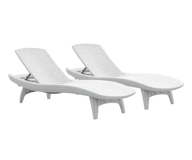 Two white wicker reclining chaise lounge chairs on a white background.