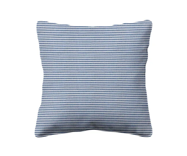 Striped blue and white square pillow on white background.