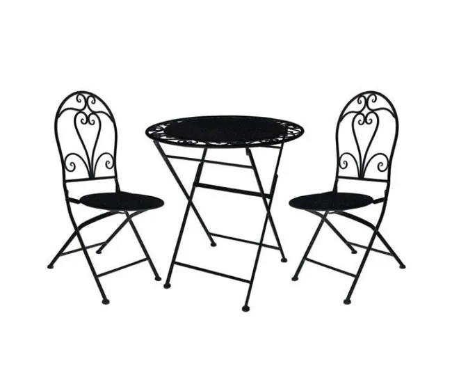 Iron bistro set with two ornate chairs and a round table, featuring intricate swirls and a black metal finish.