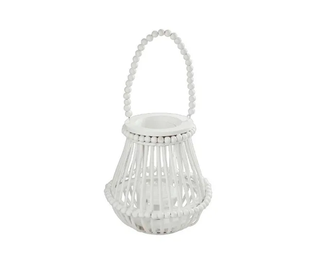 White rattan lantern with a beaded handle, designed for holding a candle or tealight.