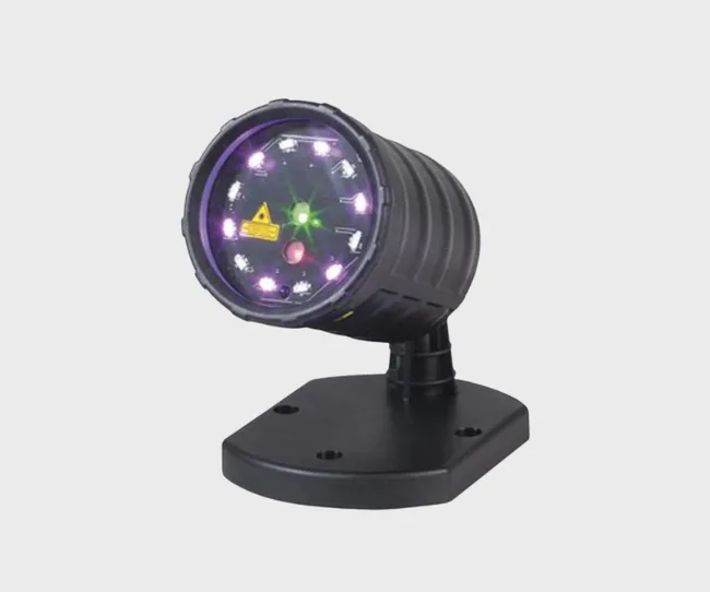 Laser stage light on a black mount with multi-colored lights, designed for event and party decorations.