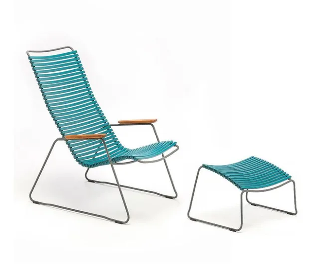 Turquoise string chair and matching footrest with metal frame and wooden armrests on white background.