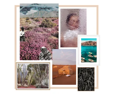 Collage of mixed-media art: desert tent, floral landscape, abstract portrait, coastal scene, cacti garden, and line art.