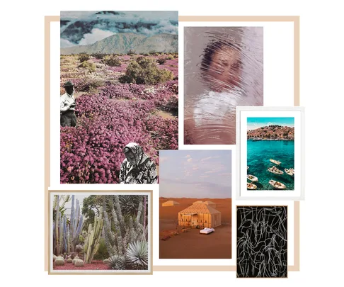 Collage of mixed-media art: desert tent, floral landscape, abstract portrait, coastal scene, cacti garden, and line art.