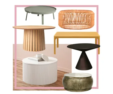 A collage of seven different modern coffee table designs in various materials and colors.