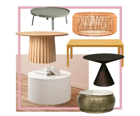 A collage of seven different modern coffee table designs in various materials and colors.