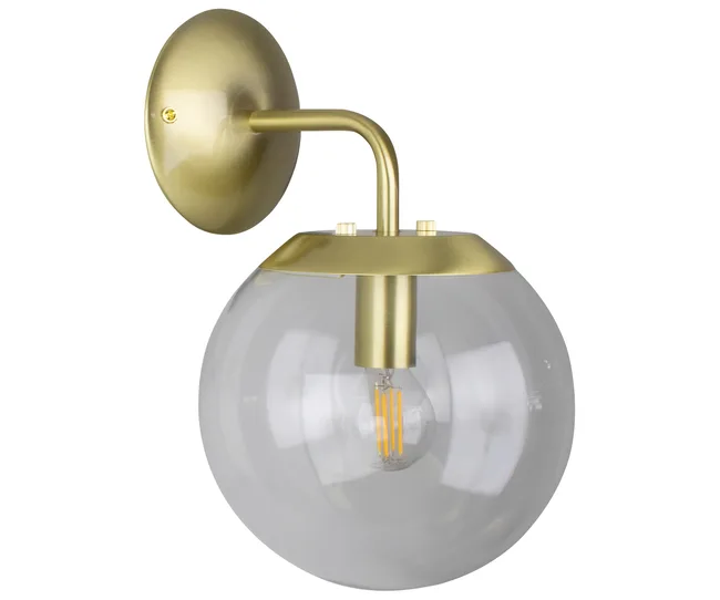 Gold wall sconce with a clear glass globe and visible filament bulb.