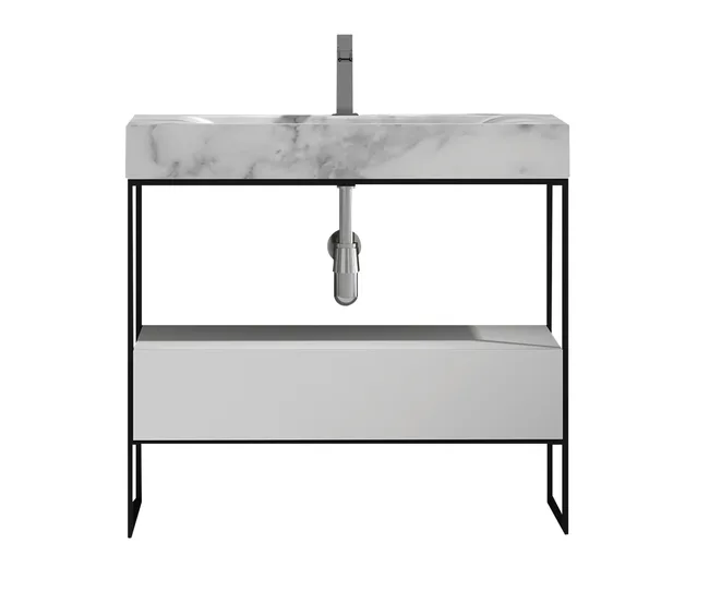 Modern bathroom sink with a marble countertop and sleek metal legs.