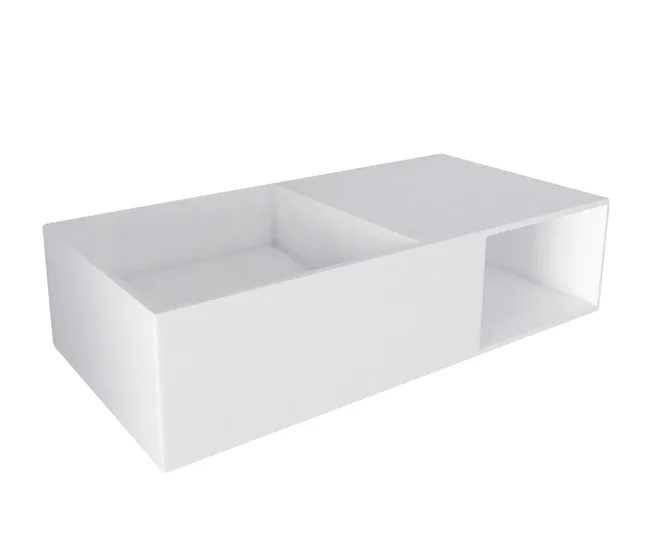 White rectangular modern coffee table with an open shelf and recessed section.