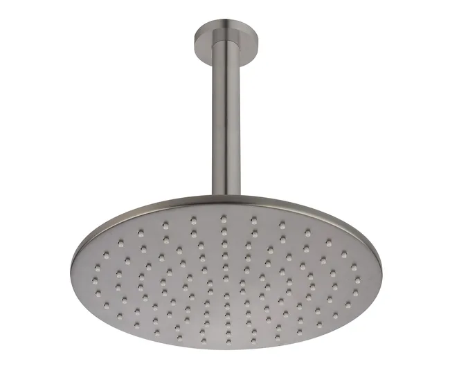 Ceiling-mounted round stainless steel shower head with multiple nozzles.