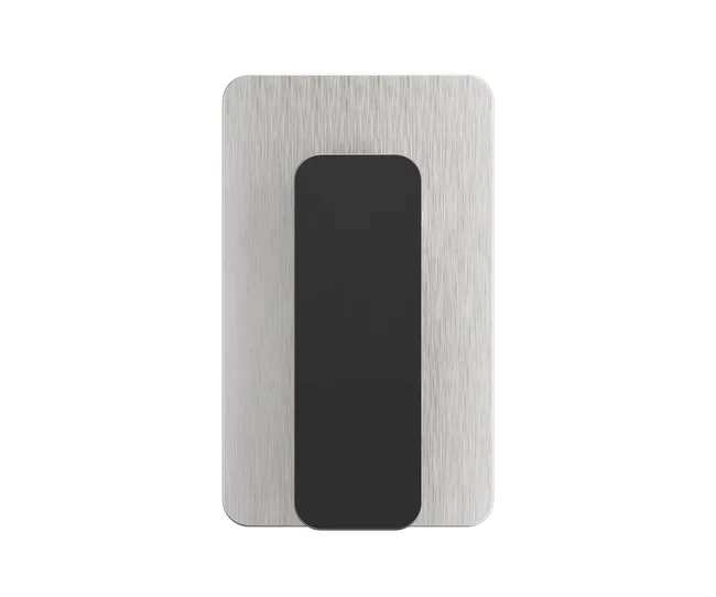 Brushed nickel wall plate with a black minimalist design, featuring a vertical rectangle in the center.