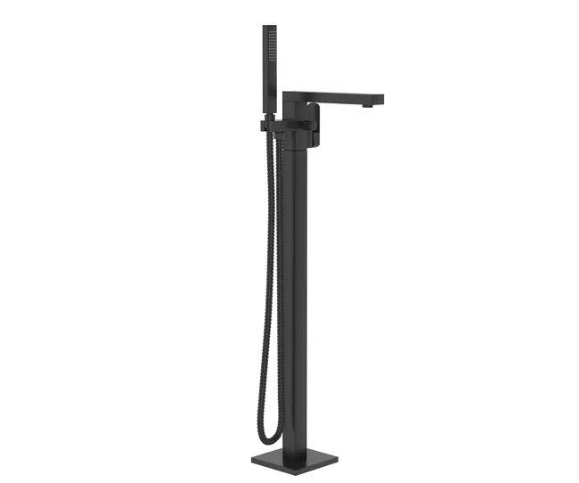 Black freestanding bathtub faucet with a handheld shower head and square base.