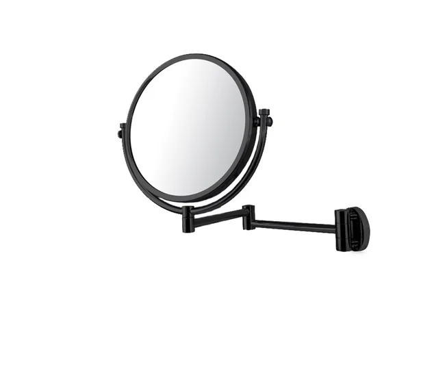 Wall-mounted round mirror with adjustable arm in black finish.