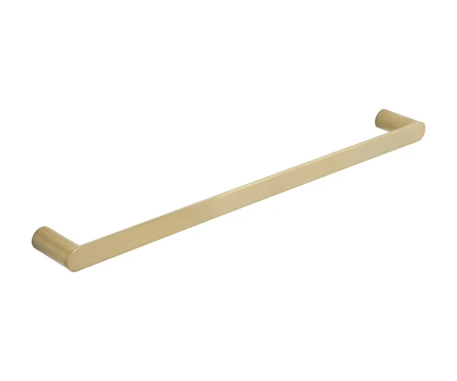 Golden brass kitchen cabinet drawer handle bar on white background.