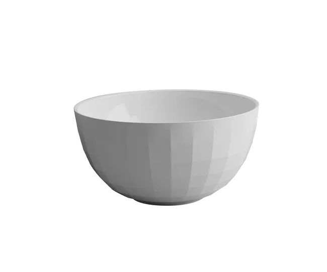 A plain white bowl with a subtle geometric pattern sits against a white background.