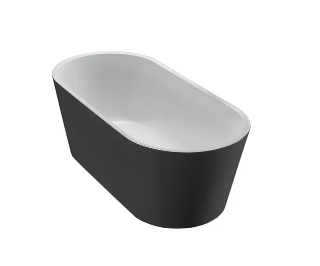 A modern, black and white, freestanding bathtub with a smooth, oval design.