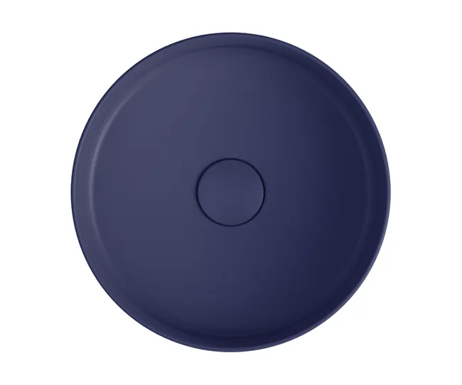 Blue circular lid with a small central raised button, viewed from above.