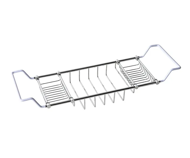 Stainless steel bathtub caddy with adjustable sides and multiple slotted compartments for holding bath items.