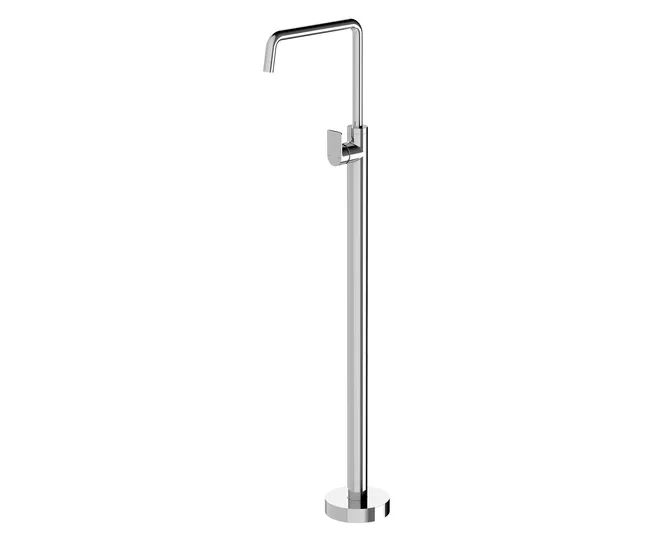 Tall chrome freestanding faucet with a cylindrical base and an angular spout on a white background.