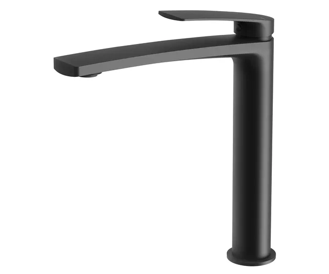 Tall black bathroom faucet with lever handle on a white background.